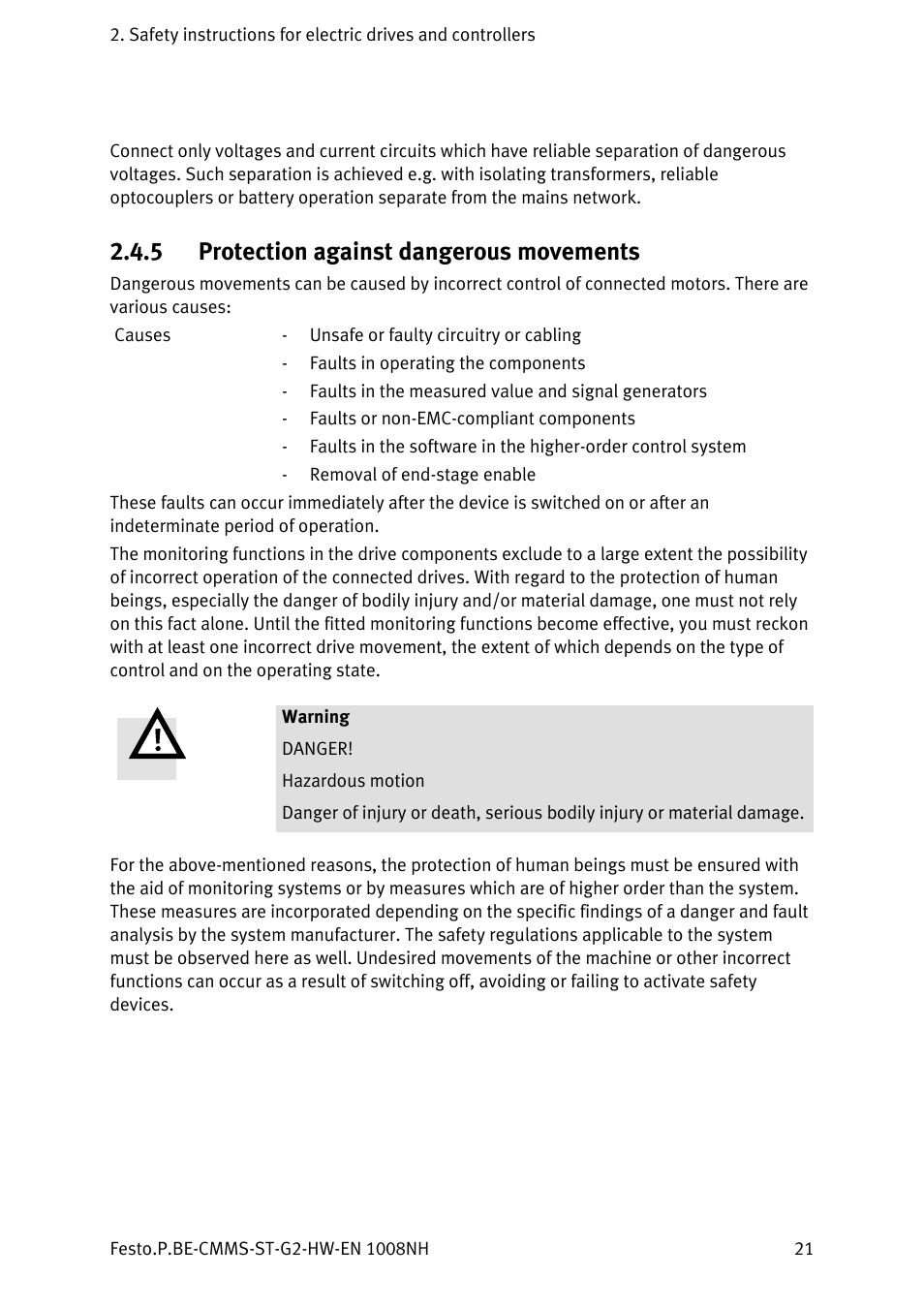 5 protection against dangerous movements, Protection against dangerous movements | Festo Контроллеры двигателя CMMS-ST User Manual | Page 21 / 136