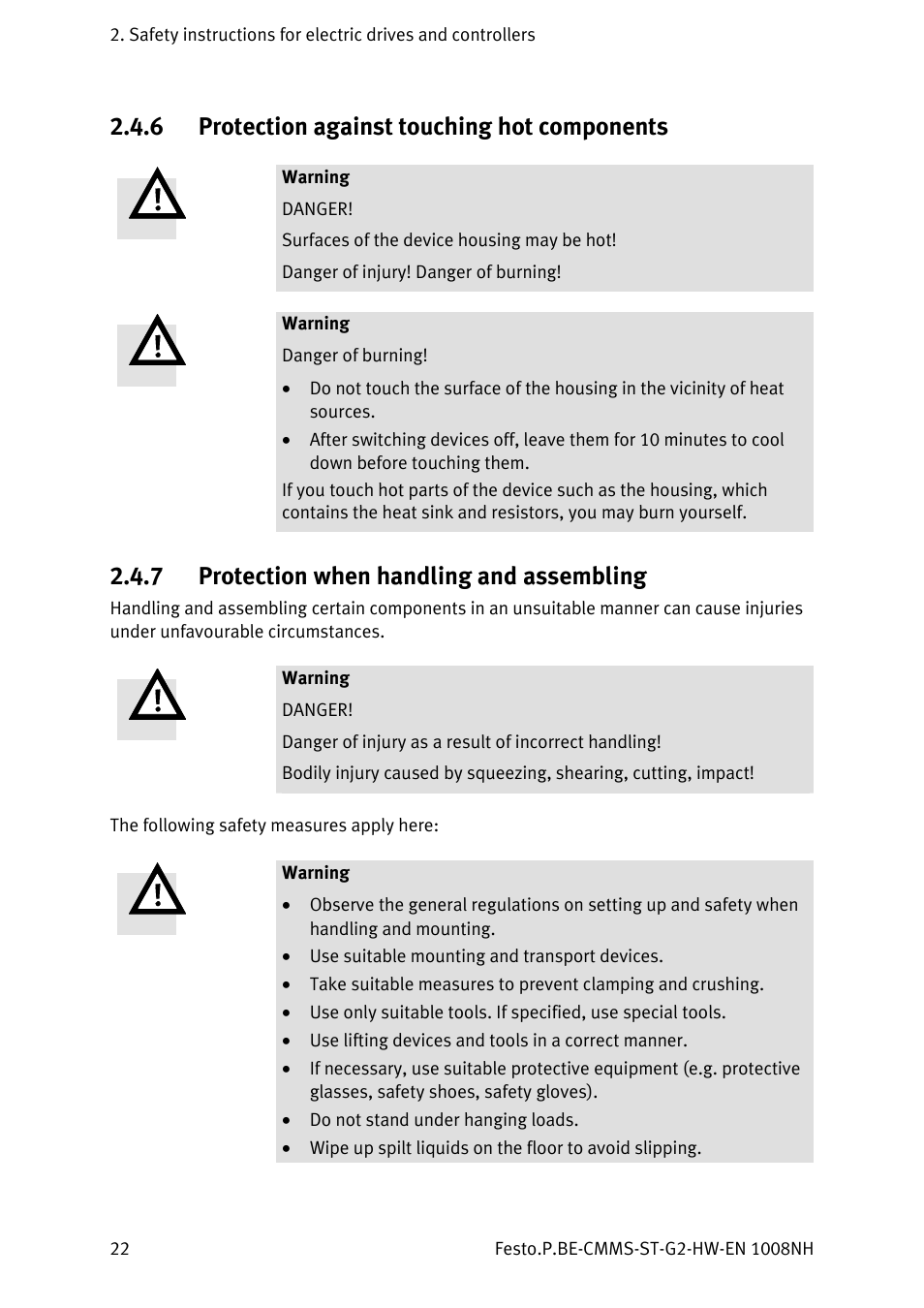 6 protection against touching hot components, 7 protection when handling and assembling, Protection against touching hot components | Protection when handling and assembling | Festo Контроллеры двигателя CMMS-ST User Manual | Page 22 / 136