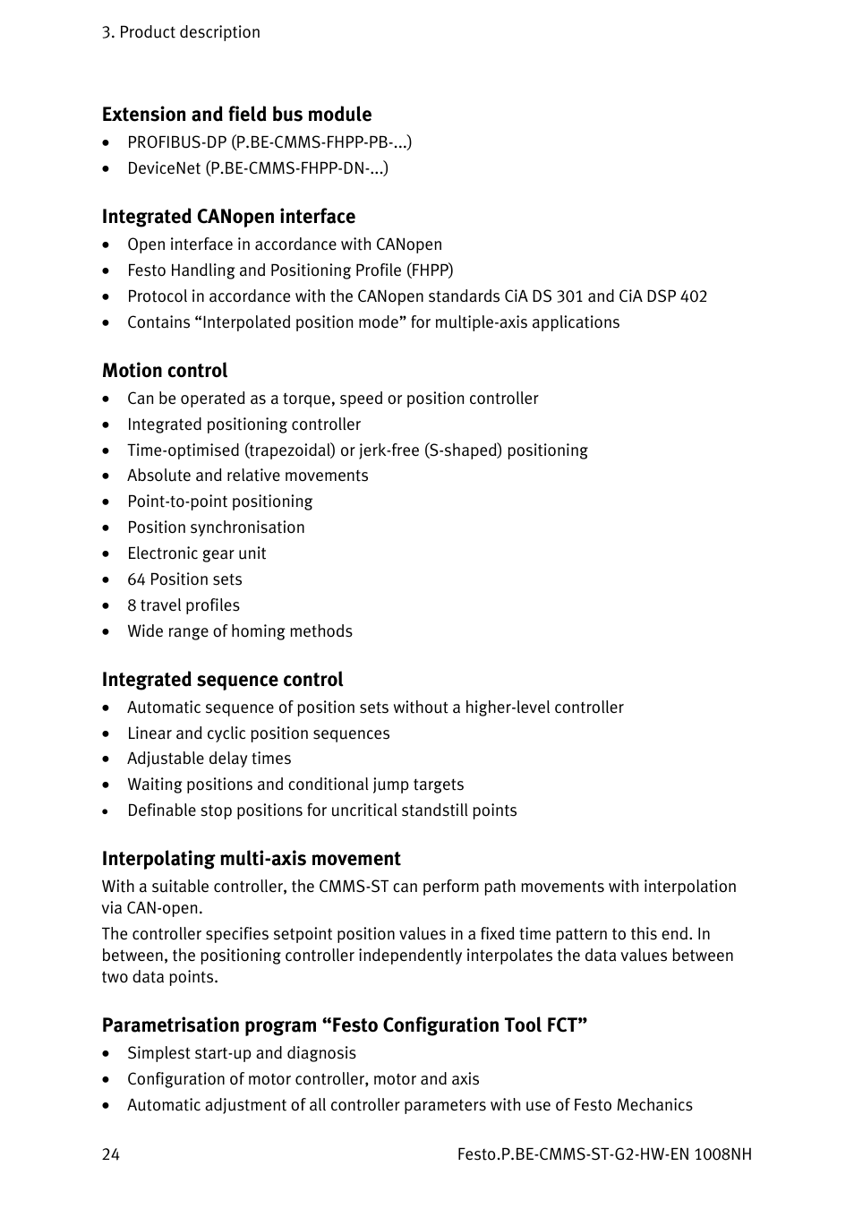 Extension and field bus module, Integrated canopen interface, Motion control | Integrated sequence control, Interpolating multi-axis movement | Festo Контроллеры двигателя CMMS-ST User Manual | Page 24 / 136