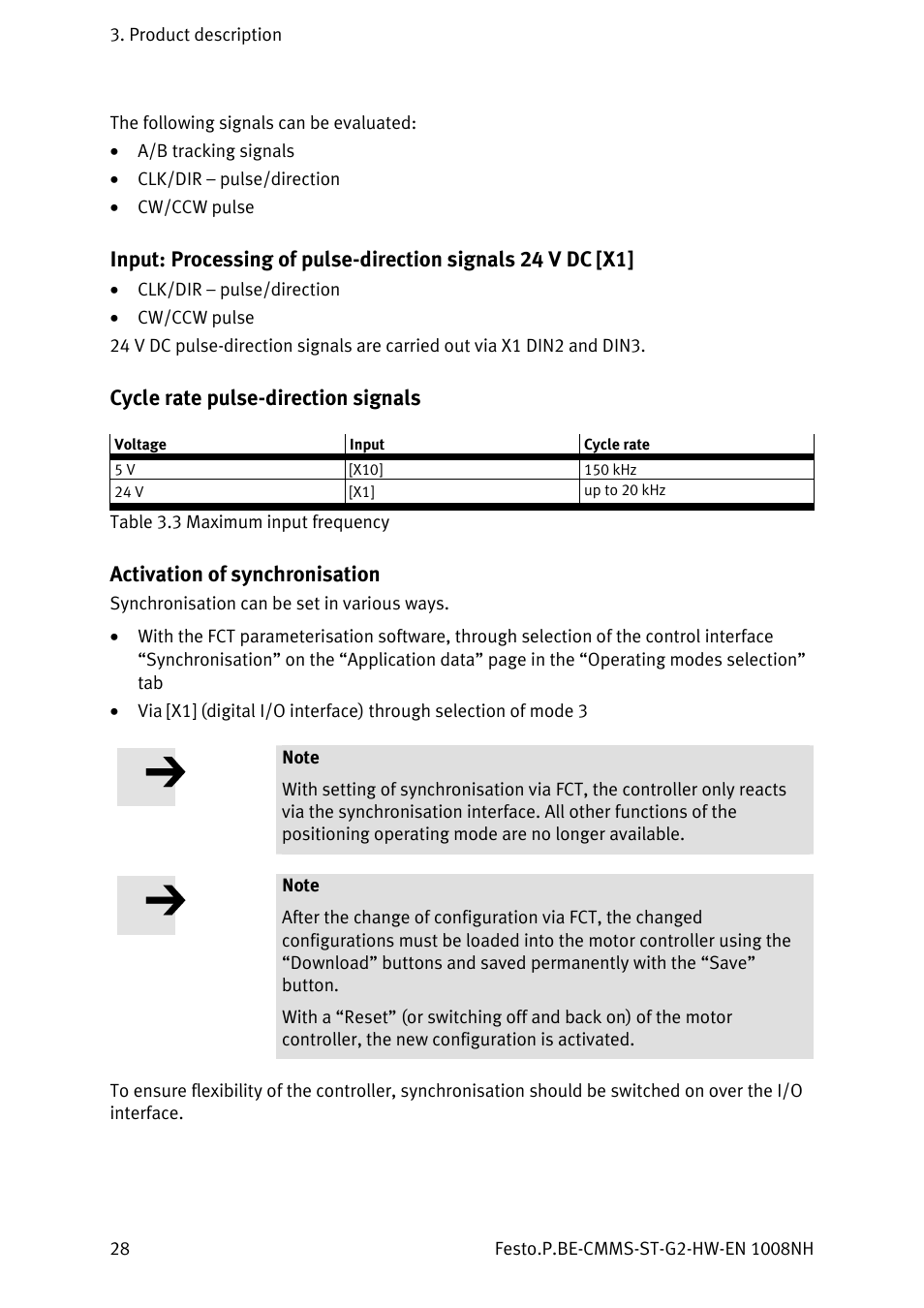 Cycle rate pulse-direction signals, Activation of synchronisation | Festo Контроллеры двигателя CMMS-ST User Manual | Page 28 / 136