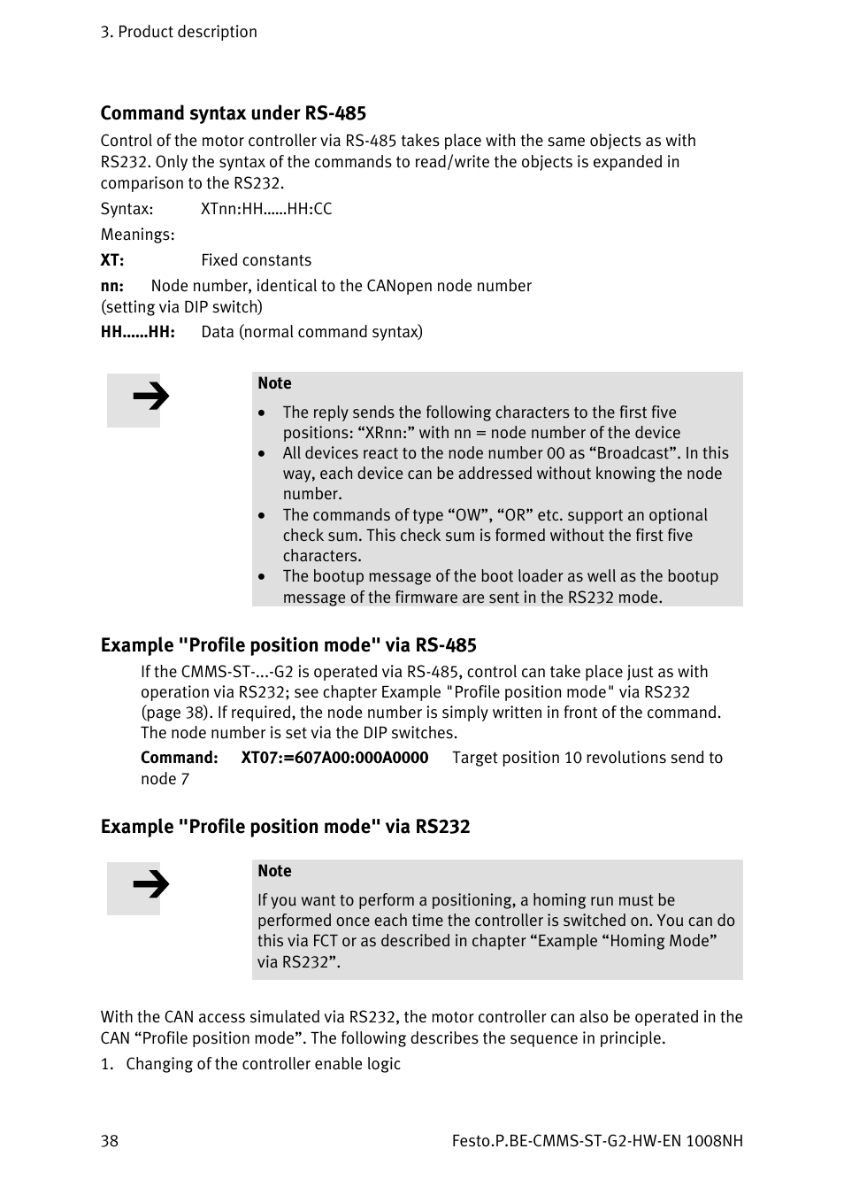 Command syntax under rs-485, Example "profile position mode" via rs-485, Example "profile position mode" via rs232 | Festo Контроллеры двигателя CMMS-ST User Manual | Page 38 / 136