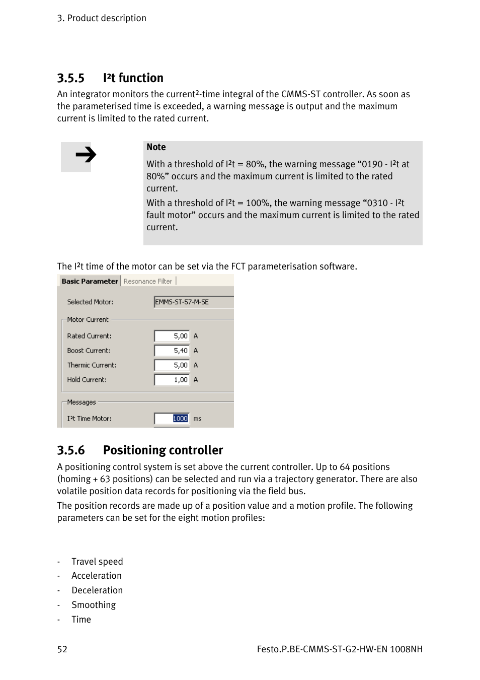 5 i²t function, 6 positioning controller, I²t function | Positioning controller | Festo Контроллеры двигателя CMMS-ST User Manual | Page 52 / 136