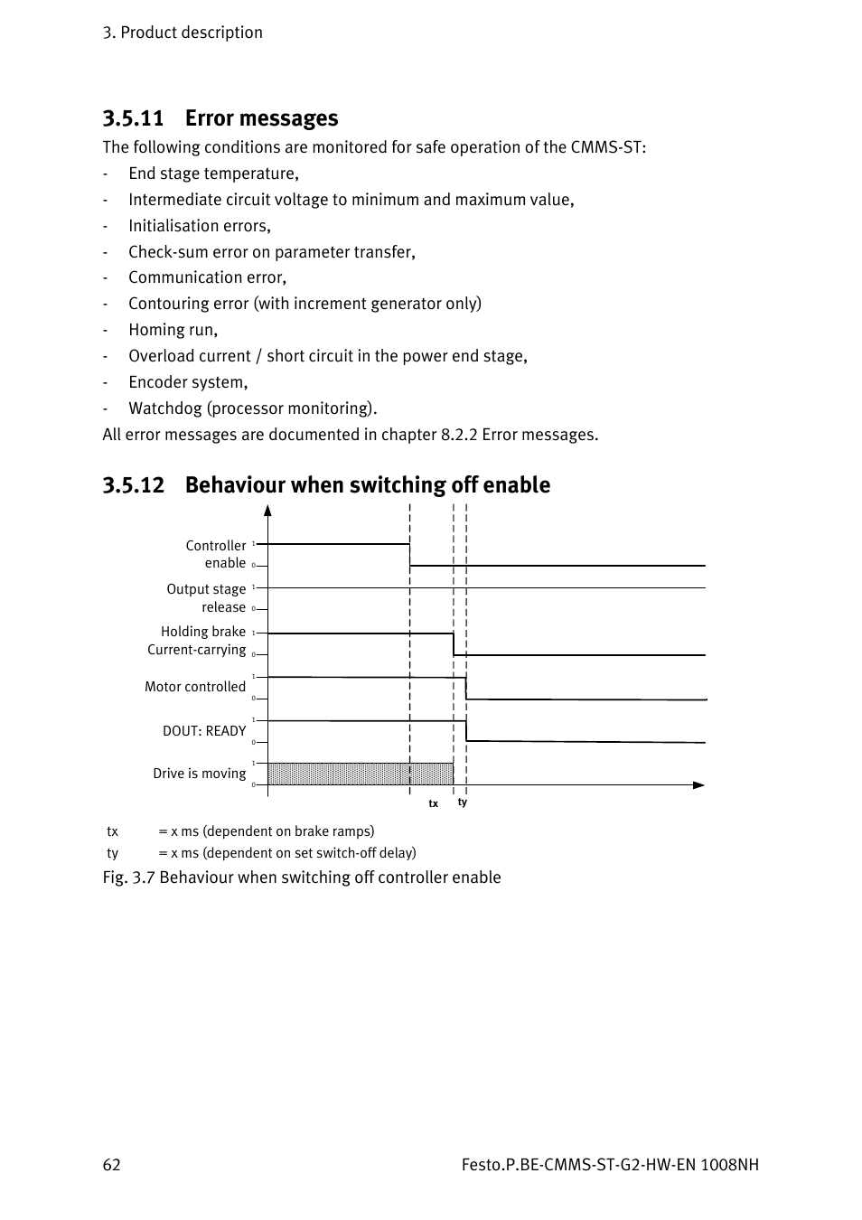 11 error messages, 12 behaviour when switching off enable, Error messages | Behaviour when switching off enable, 2 error messages, 7 behaviour when switching off controller enable | Festo Контроллеры двигателя CMMS-ST User Manual | Page 62 / 136