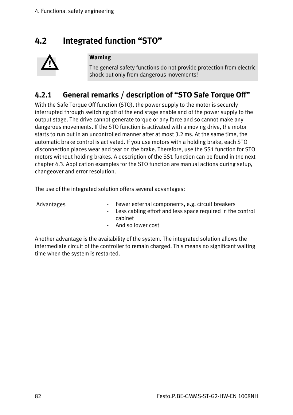 2 integrated function “sto, Integrated function “sto” 4.2.1 | Festo Контроллеры двигателя CMMS-ST User Manual | Page 82 / 136