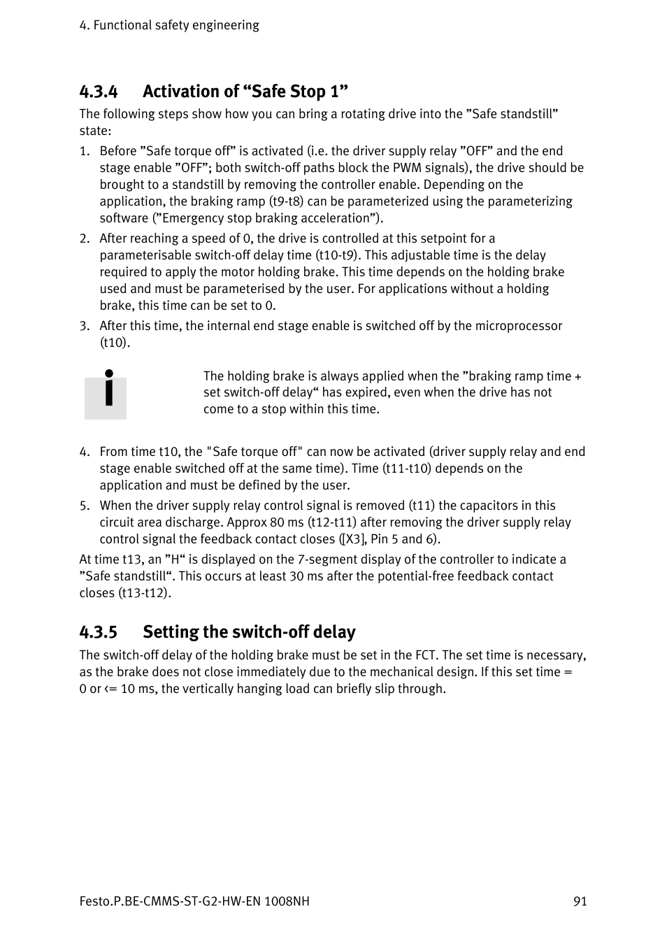 4 activation of “safe stop 1, 5 setting the switch-off delay, Activation of “safe stop 1 | Setting the switch-off delay | Festo Контроллеры двигателя CMMS-ST User Manual | Page 91 / 136