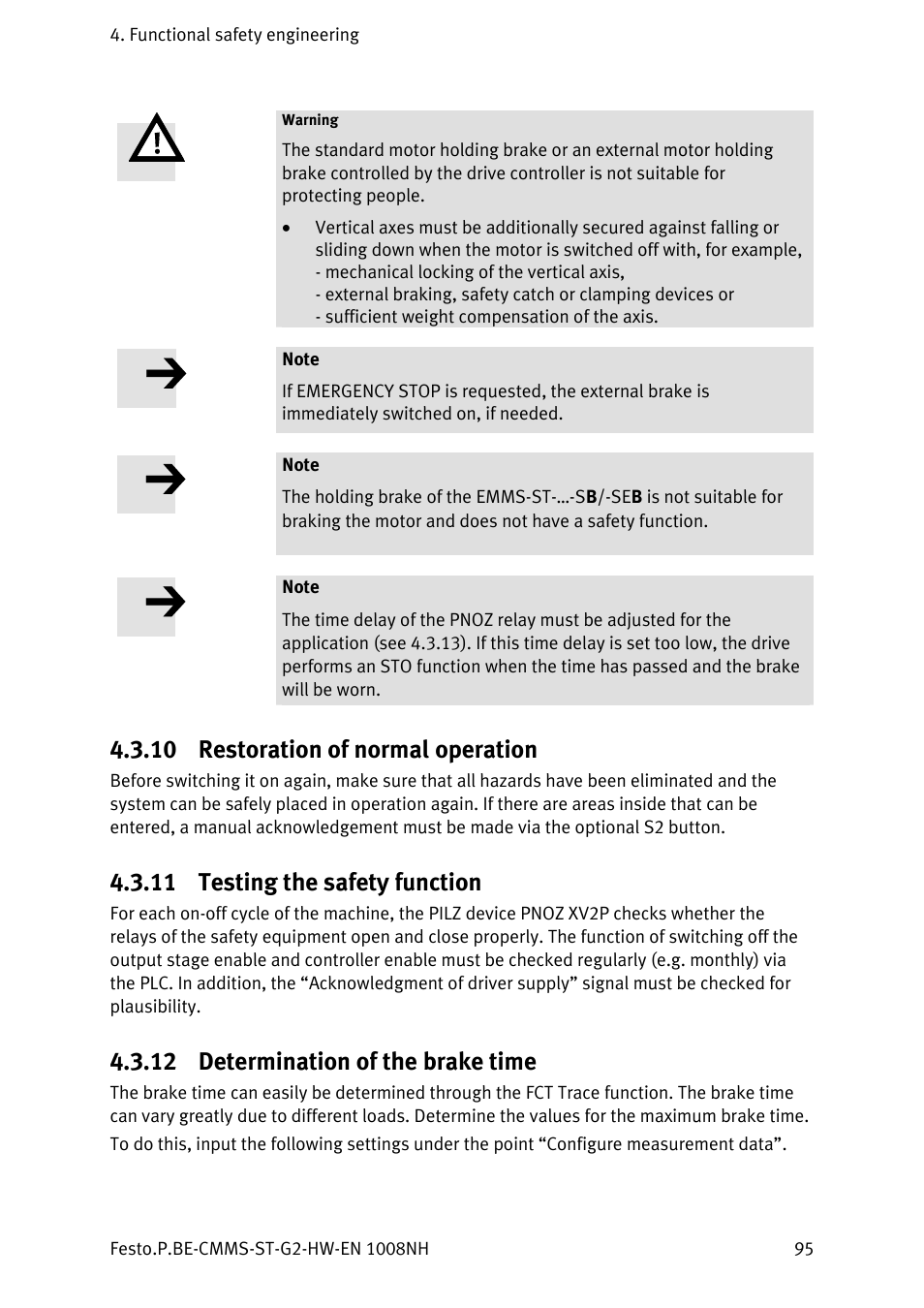 10 restoration of normal operation, 11 testing the safety function, 12 determination of the brake time | Restoration of normal operation, Testing the safety function, Determination of the brake time | Festo Контроллеры двигателя CMMS-ST User Manual | Page 95 / 136
