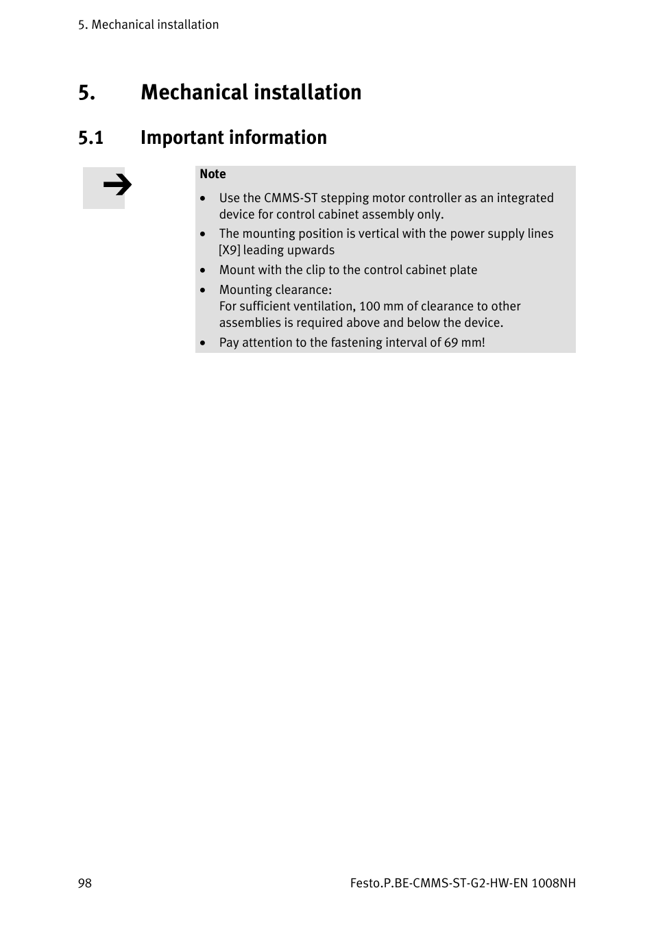 Mechanical installation, 1 important information, Important information | Festo Контроллеры двигателя CMMS-ST User Manual | Page 98 / 136