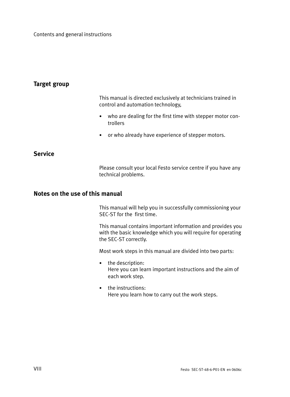 Target group, Service, Notes on the use of this manual | Viii | Festo Контроллер двигателя SEC-ST User Manual | Page 10 / 66