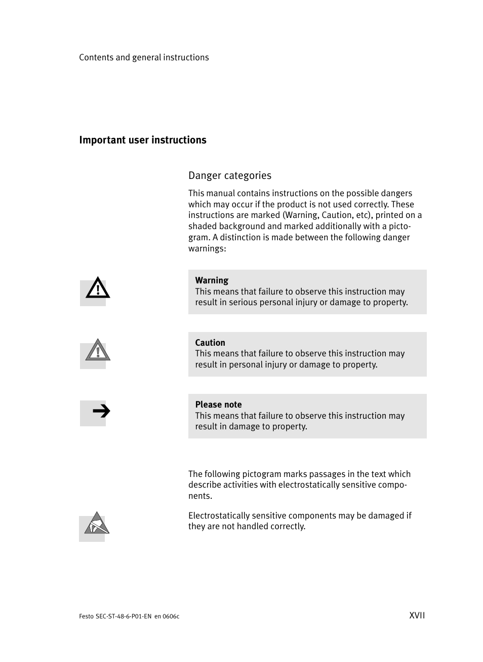 Important user instructions, Xvii | Festo Контроллер двигателя SEC-ST User Manual | Page 19 / 66