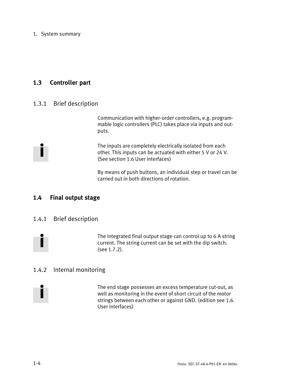 3 controller part, 1 brief description, 4 final output stage | 2 internal monitoring, Controller part, Brief description, Final output stage, Internal monitoring | Festo Контроллер двигателя SEC-ST User Manual | Page 26 / 66