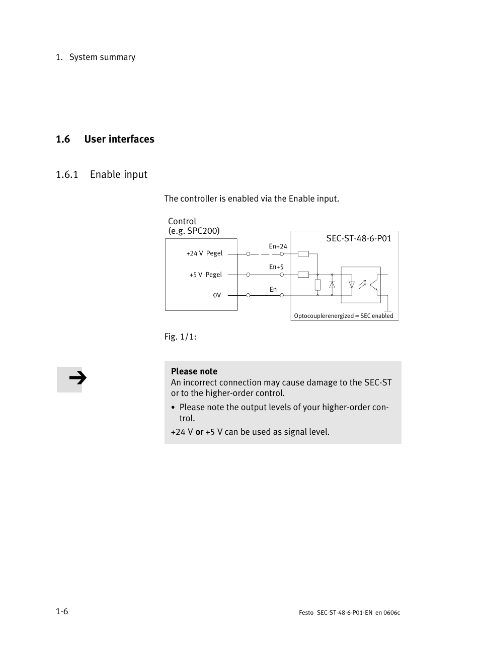 6 user interfaces, 1 enable input, User interfaces | Enable input | Festo Контроллер двигателя SEC-ST User Manual | Page 28 / 66