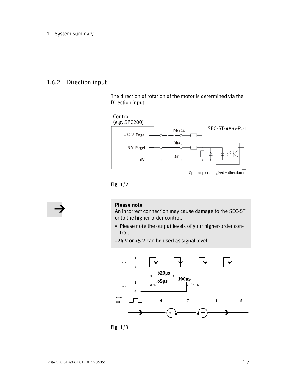 2 direction input, Direction input, System summary 1−7 | Fig. 1/3 | Festo Контроллер двигателя SEC-ST User Manual | Page 29 / 66
