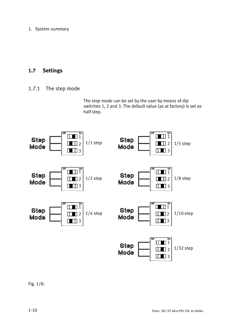 7 settings, 1 the step mode, Settings | The step mode | Festo Контроллер двигателя SEC-ST User Manual | Page 32 / 66
