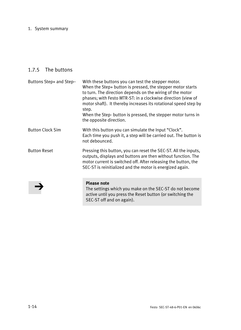 5 the buttons, The buttons | Festo Контроллер двигателя SEC-ST User Manual | Page 36 / 66