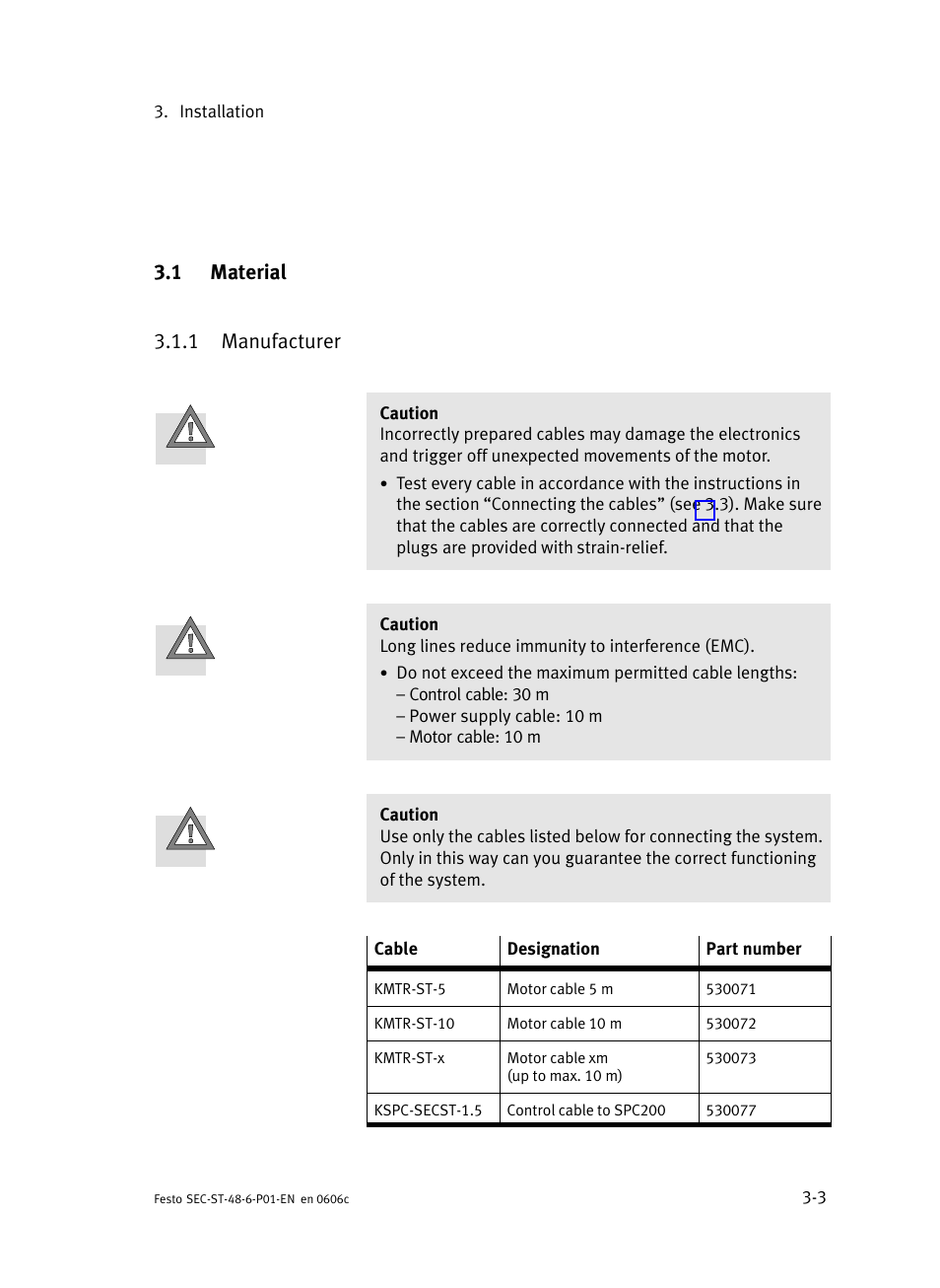 1 material, 1 manufacturer, Material | Manufacturer, 1 material 3.1.1 manufacturer | Festo Контроллер двигателя SEC-ST User Manual | Page 45 / 66