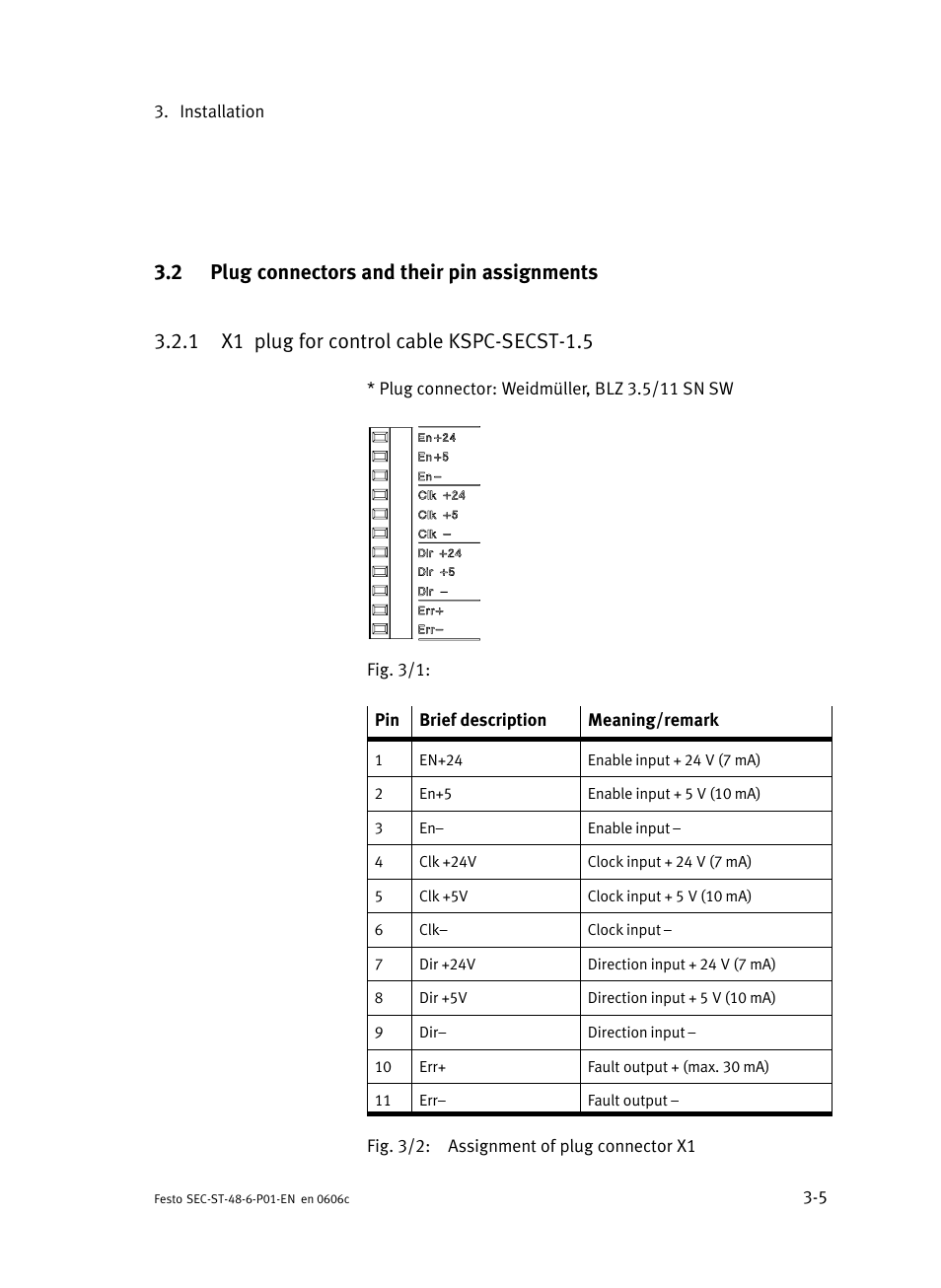 2 plug connectors and their pin assignments, 1 x1 plug for control cable kspc-secst-1.5, Plug connectors and their pin assignments | X1 plug for control cable kspc−secst−1.5 | Festo Контроллер двигателя SEC-ST User Manual | Page 47 / 66