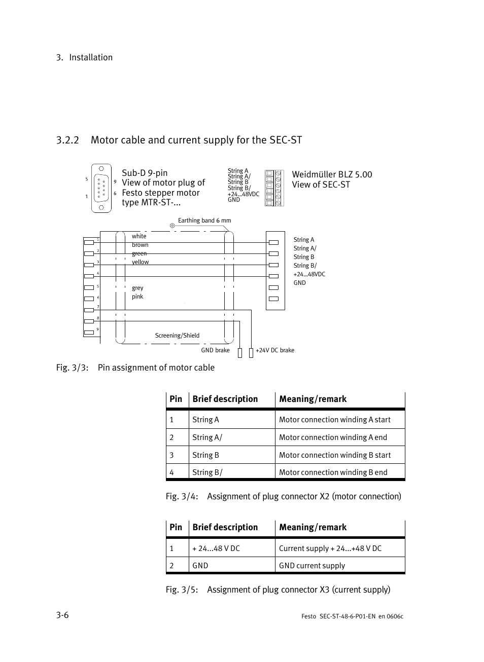 2 motor cable and current supply for the sec-st, Motor cable and current supply for the sec−st, 2 motor cable and current supply for the sec−st | Festo Контроллер двигателя SEC-ST User Manual | Page 48 / 66