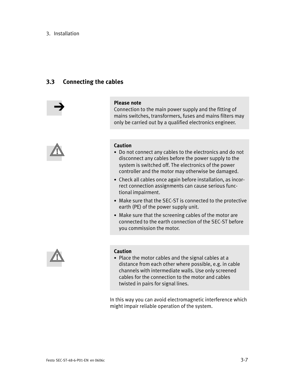 3 connecting the cables, Connecting the cables | Festo Контроллер двигателя SEC-ST User Manual | Page 49 / 66