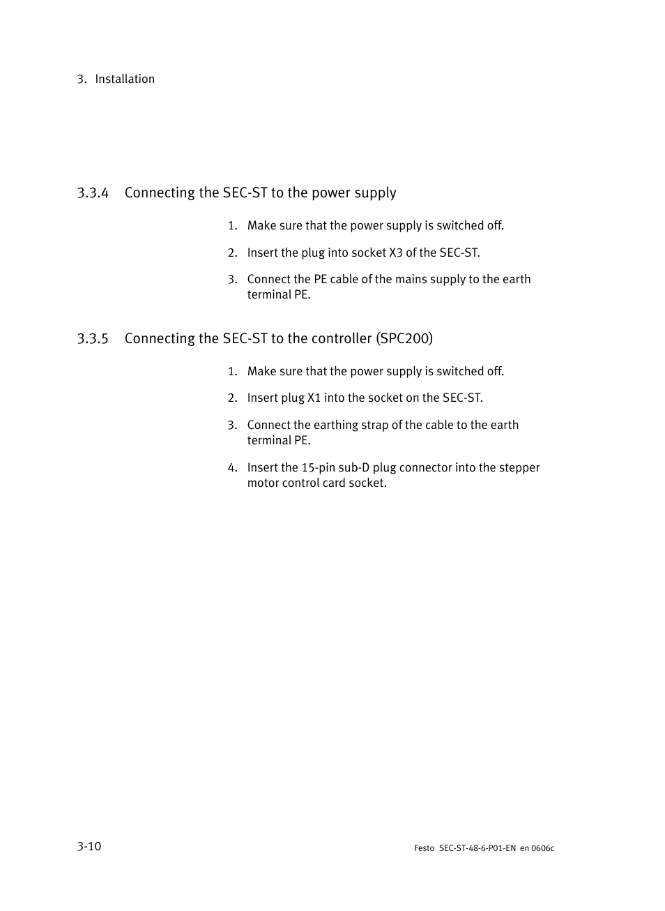 4 connecting the sec-st to the power supply, 5 connecting the sec-st to the controller (spc200), Connecting the sec−st to the power supply | Connecting the sec−st to the controller (spc200) | Festo Контроллер двигателя SEC-ST User Manual | Page 52 / 66