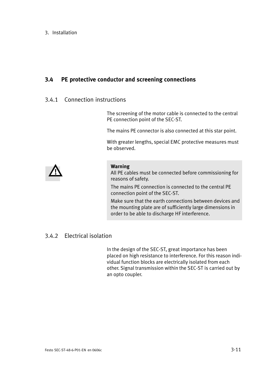 1 connection instructions, 2 electrical isolation, Pe protective conductor and screening connections | Connection instructions, Electrical isolation | Festo Контроллер двигателя SEC-ST User Manual | Page 53 / 66