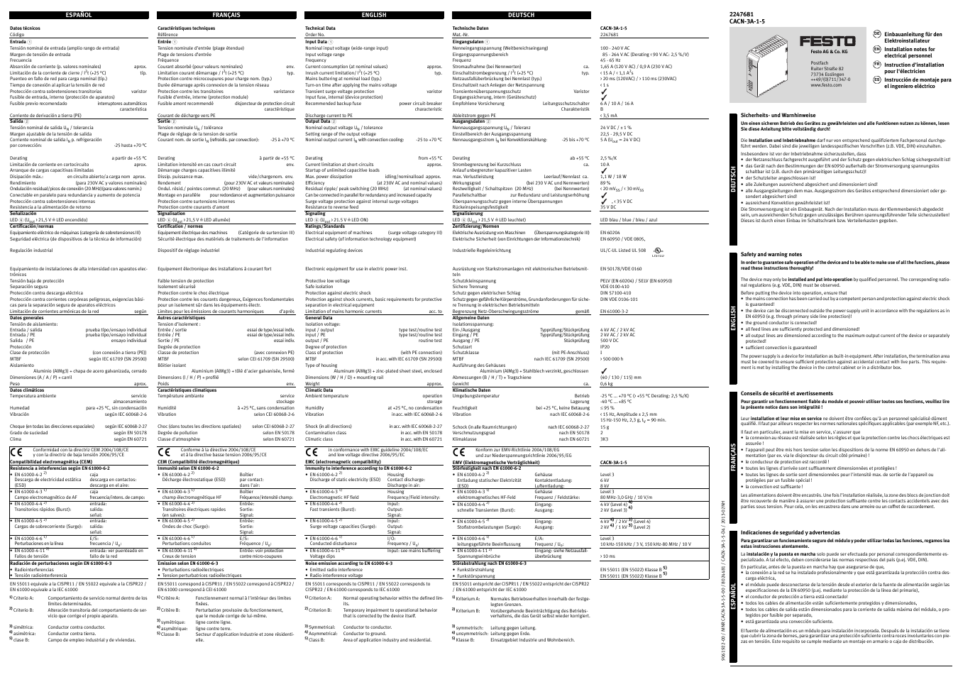 Festo Блоки питания, главные фильтры CACN-3A-1-5-D4 User Manual | 2 pages