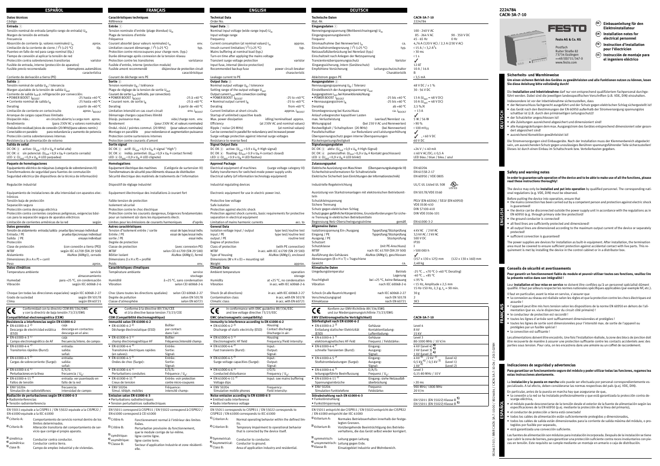 Festo Блоки питания, главные фильтры CACN-3A-7-10-D4 User Manual | 2 pages