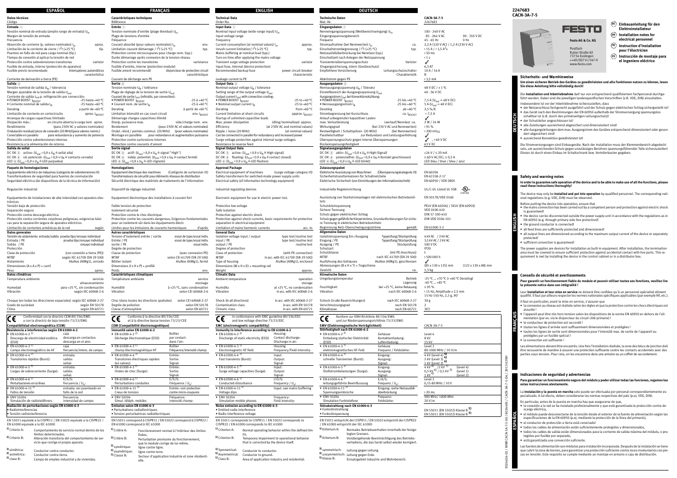 Festo Блоки питания, главные фильтры CACN-3A-7-5-D4 User Manual | 2 pages