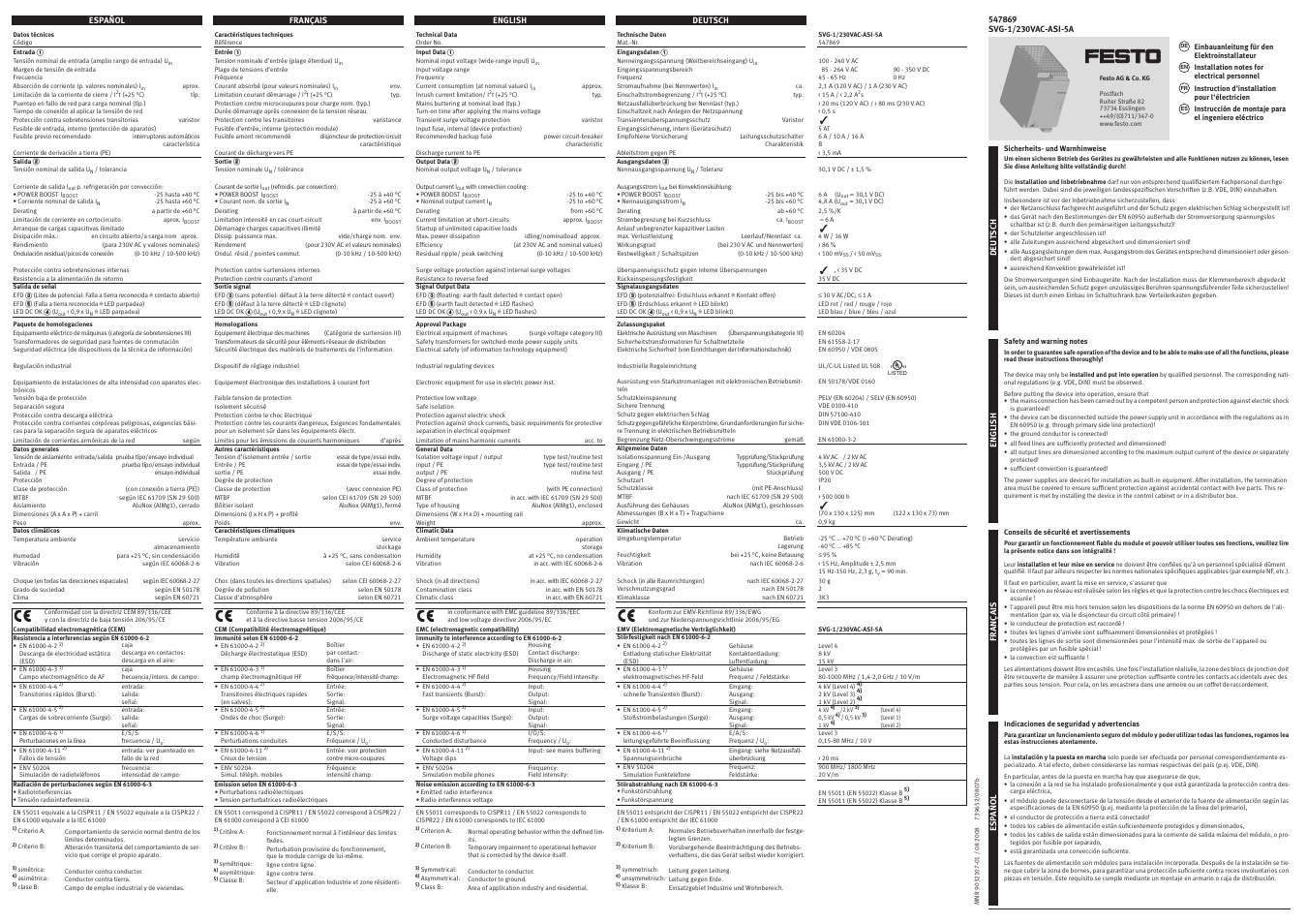 Festo Блоки питания, главные фильтры SVG-1/230VAC-ASI-5A User Manual | 2 pages