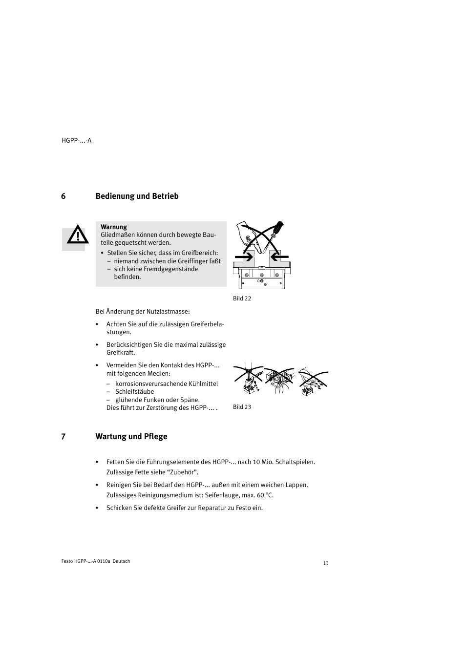 6bedienung und betrieb, 7wartung und pflege | Festo Параллельный захват HGPP User Manual | Page 13 / 88