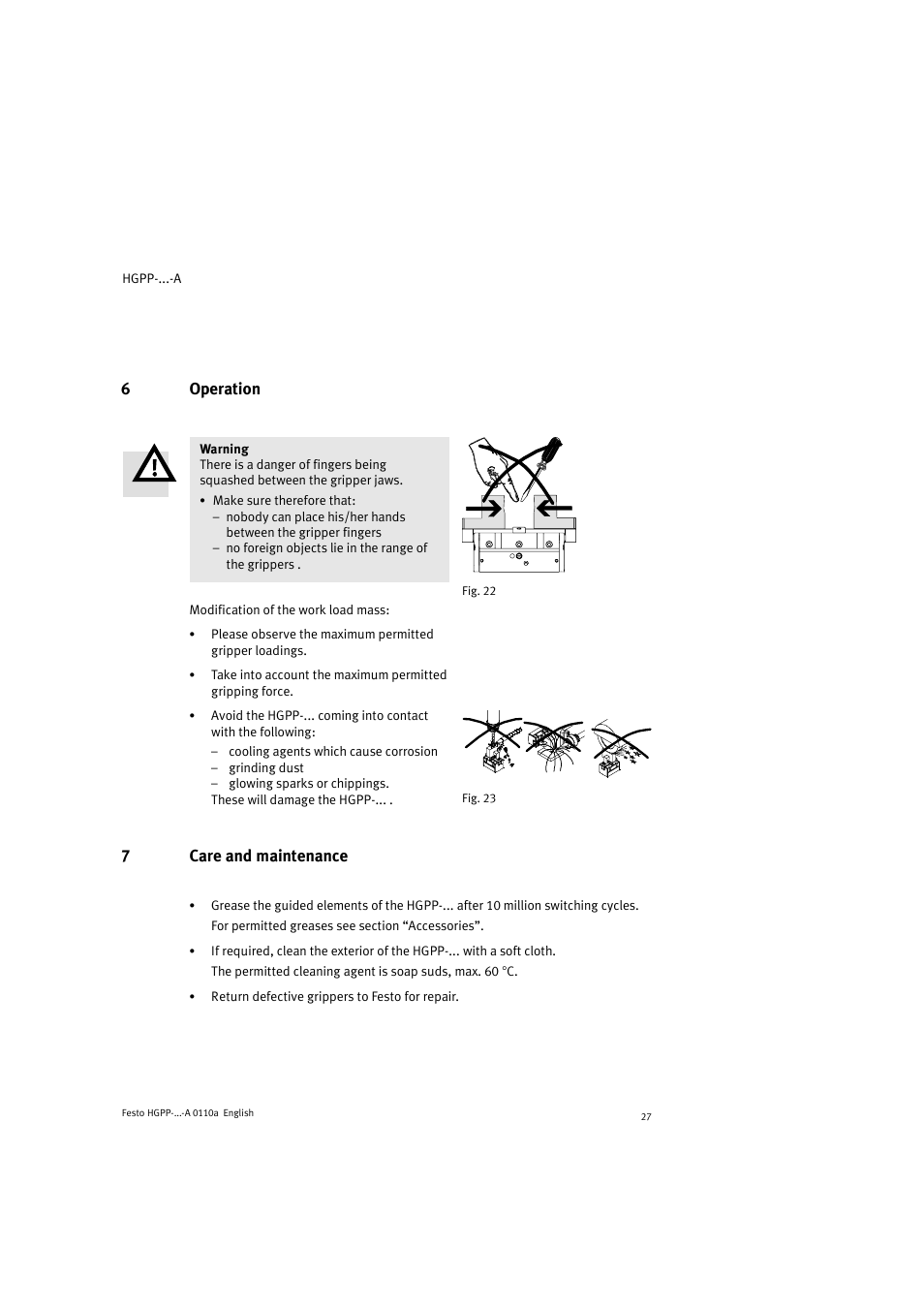 6operation, 7care and maintenance | Festo Параллельный захват HGPP User Manual | Page 27 / 88
