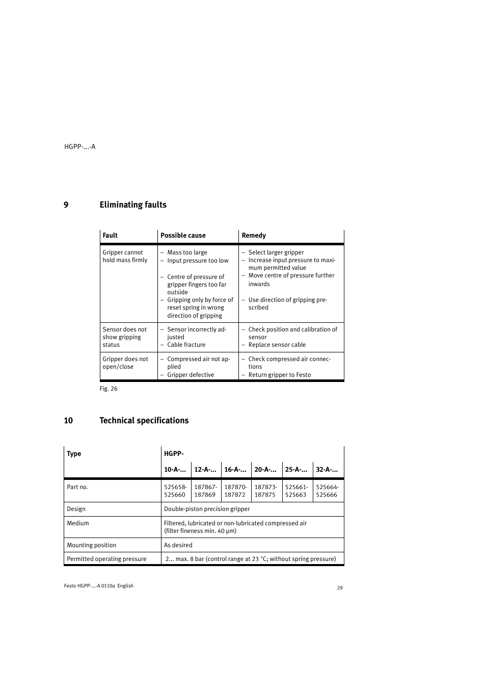 9eliminating faults, 10 technical specifications | Festo Параллельный захват HGPP User Manual | Page 29 / 88