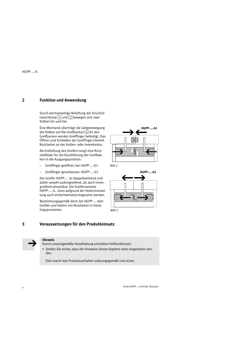 2funktion und anwendung, 3voraussetzungen für den produkteinsatz | Festo Параллельный захват HGPP User Manual | Page 4 / 88