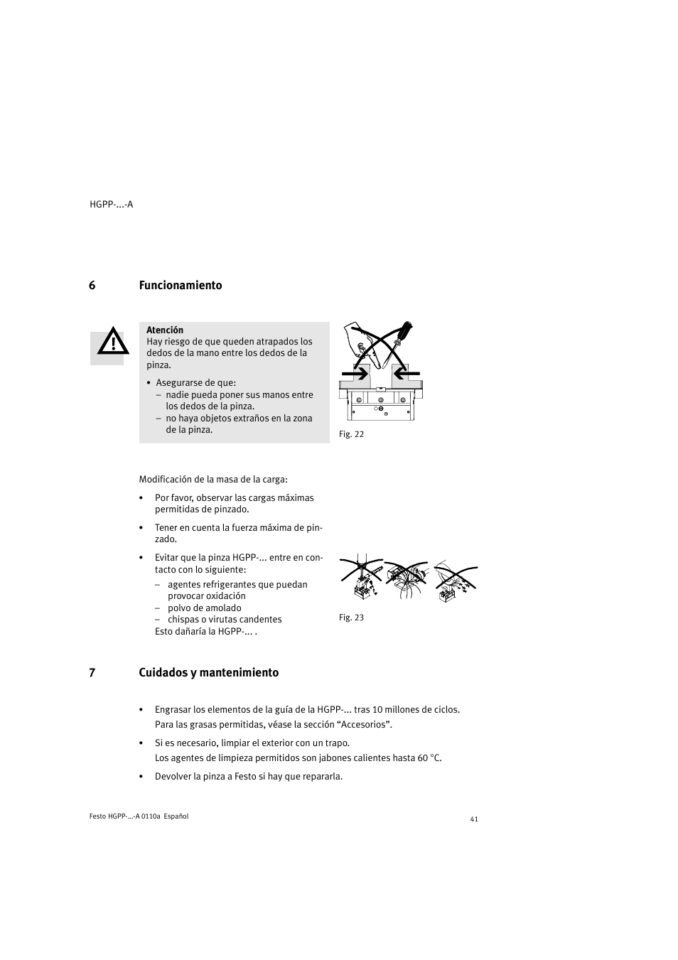 6funcionamiento, 7cuidados y mantenimiento | Festo Параллельный захват HGPP User Manual | Page 41 / 88