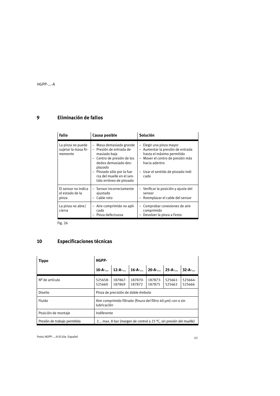 9eliminación de fallos, 10 especificaciones técnicas | Festo Параллельный захват HGPP User Manual | Page 43 / 88