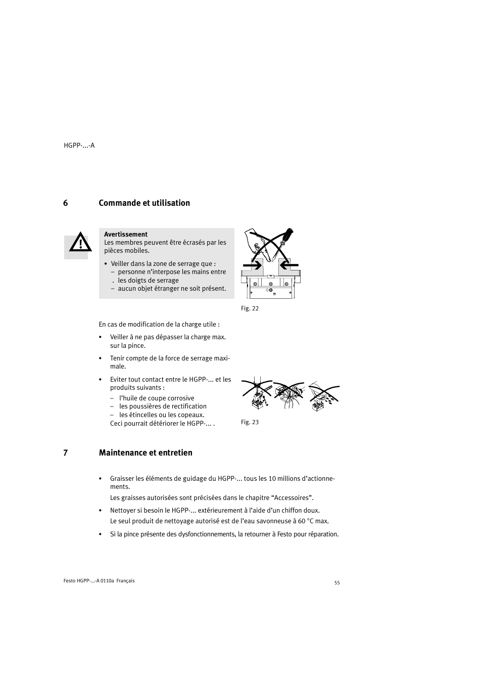 6commande et utilisation, 7maintenance et entretien | Festo Параллельный захват HGPP User Manual | Page 55 / 88
