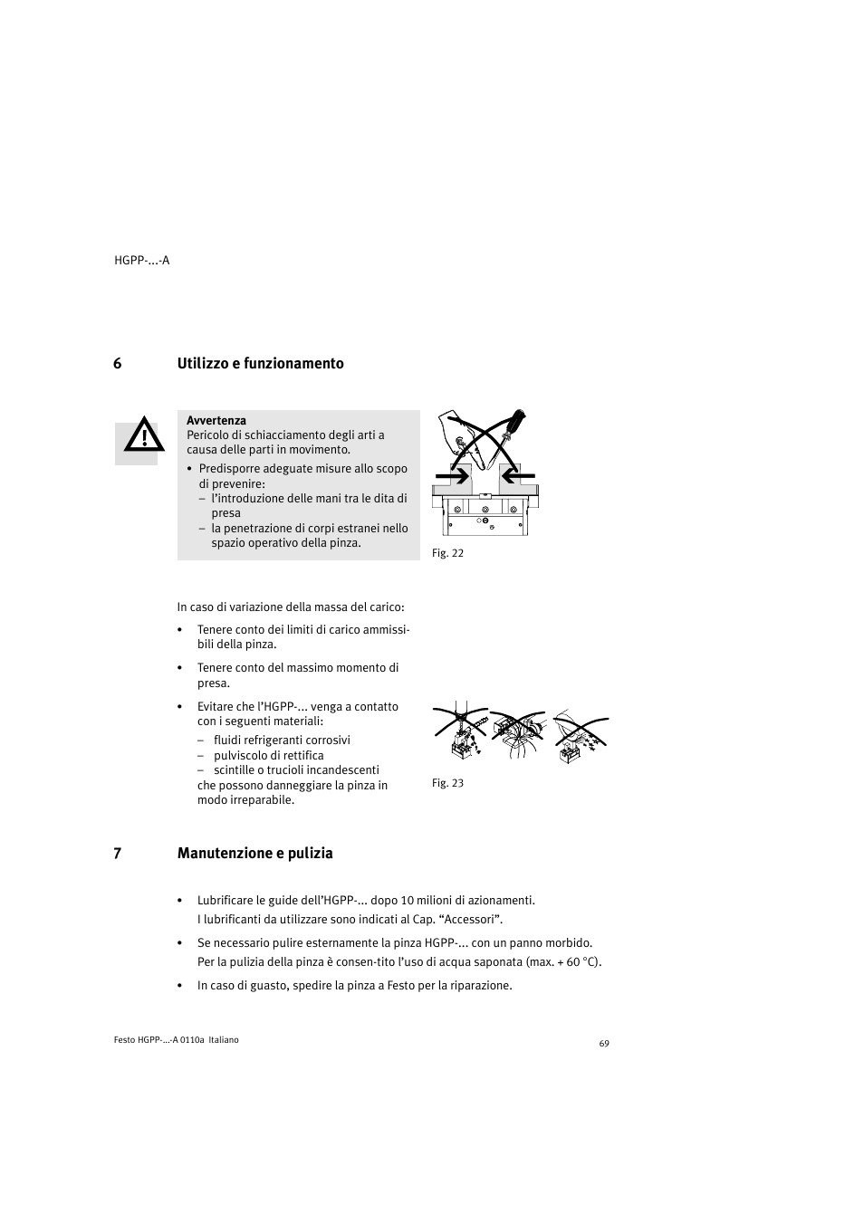 6utilizzo e funzionamento, 7manutenzione e pulizia | Festo Параллельный захват HGPP User Manual | Page 69 / 88