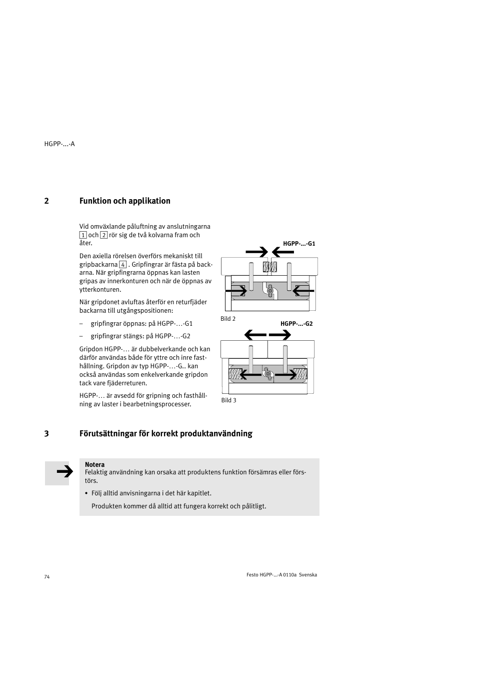 2funktion och applikation, 3förutsättningar för korrekt produktanvändning | Festo Параллельный захват HGPP User Manual | Page 74 / 88