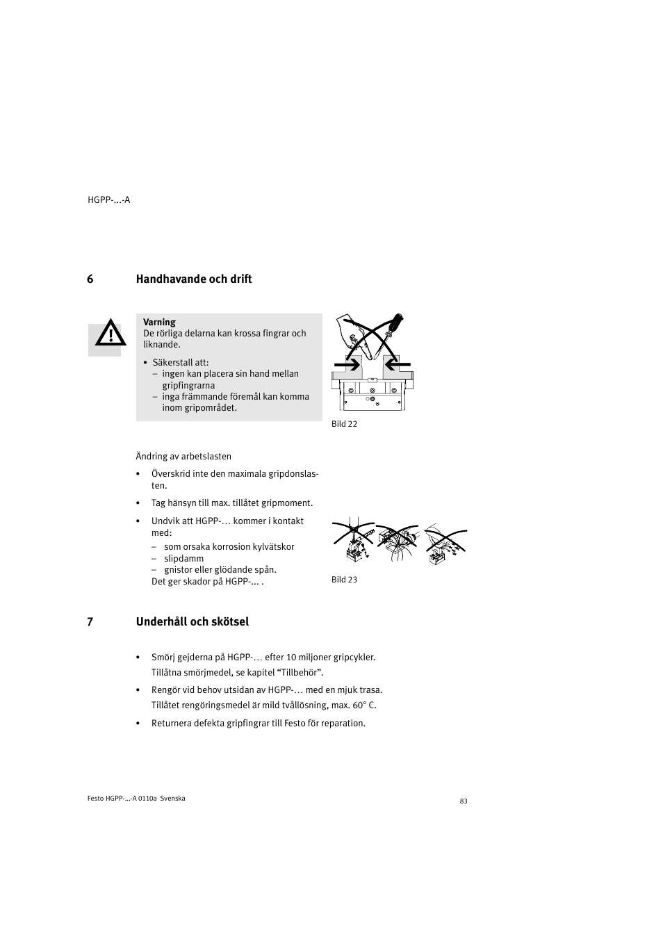 6handhavande och drift, 7underhåll och skötsel | Festo Параллельный захват HGPP User Manual | Page 83 / 88