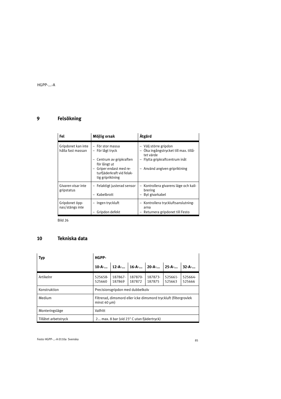 9felsökning, 10 tekniska data | Festo Параллельный захват HGPP User Manual | Page 85 / 88