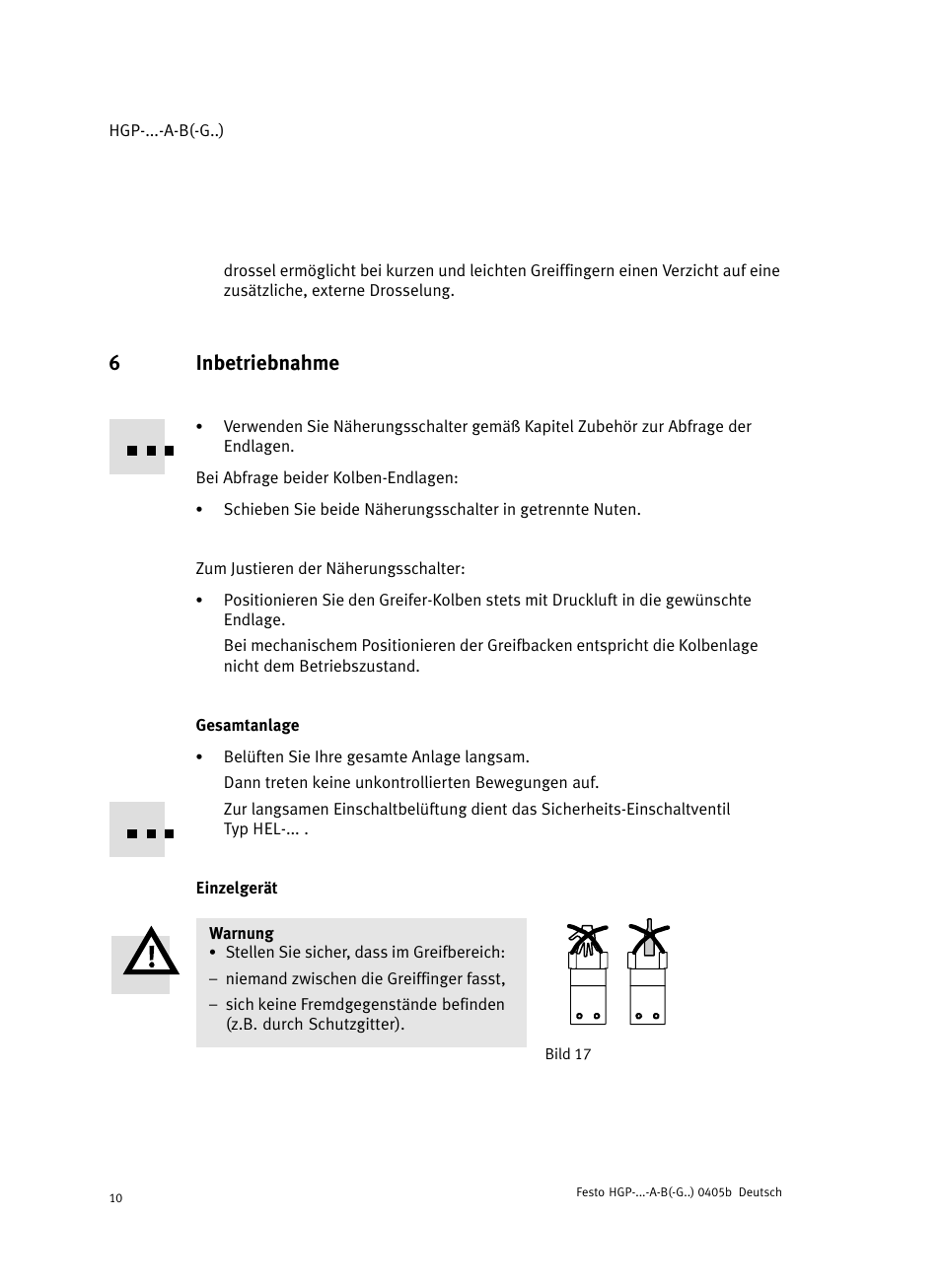 6 inbetriebnahme, Gesamtanlage, Einzelgerät | 6inbetriebnahme | Festo Параллельный захват HGP User Manual | Page 10 / 88