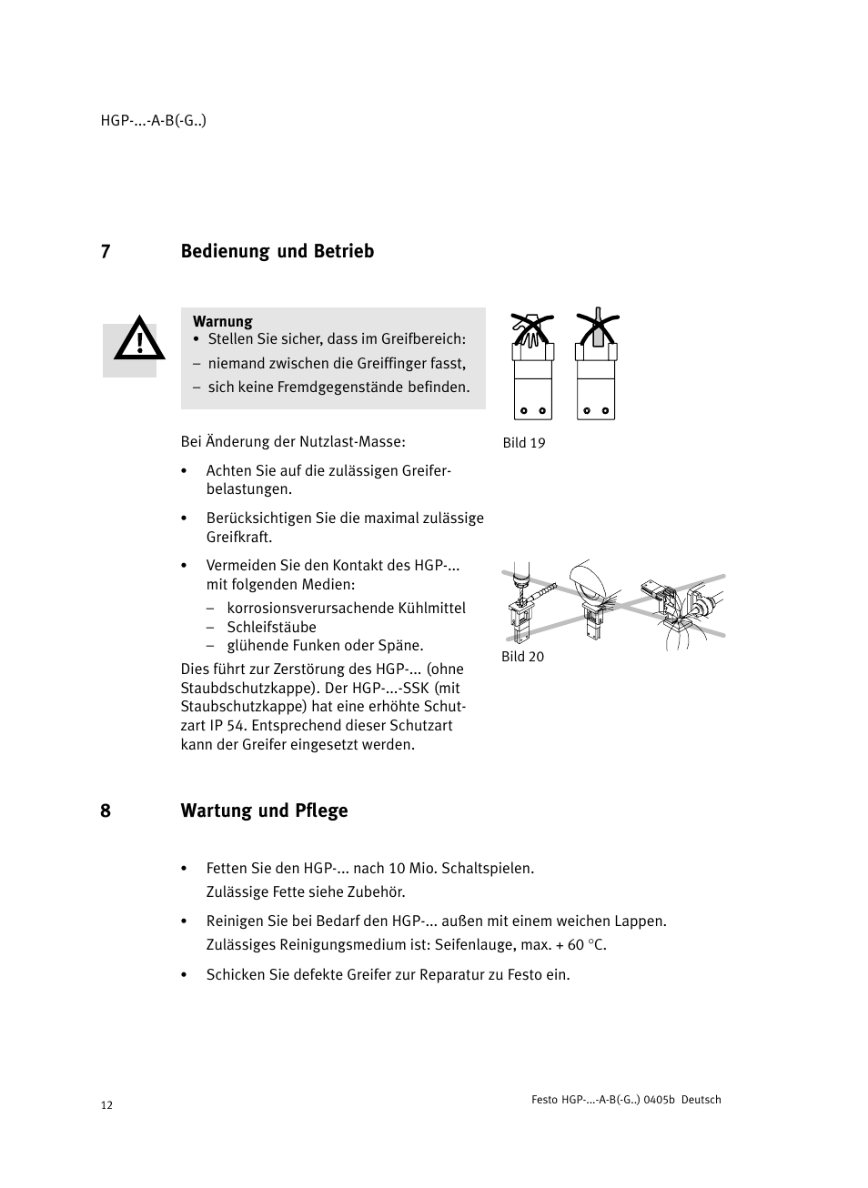 7 bedienung und betrieb, 8 wartung und pflege, 7bedienung und betrieb | 8wartung und pflege | Festo Параллельный захват HGP User Manual | Page 12 / 88