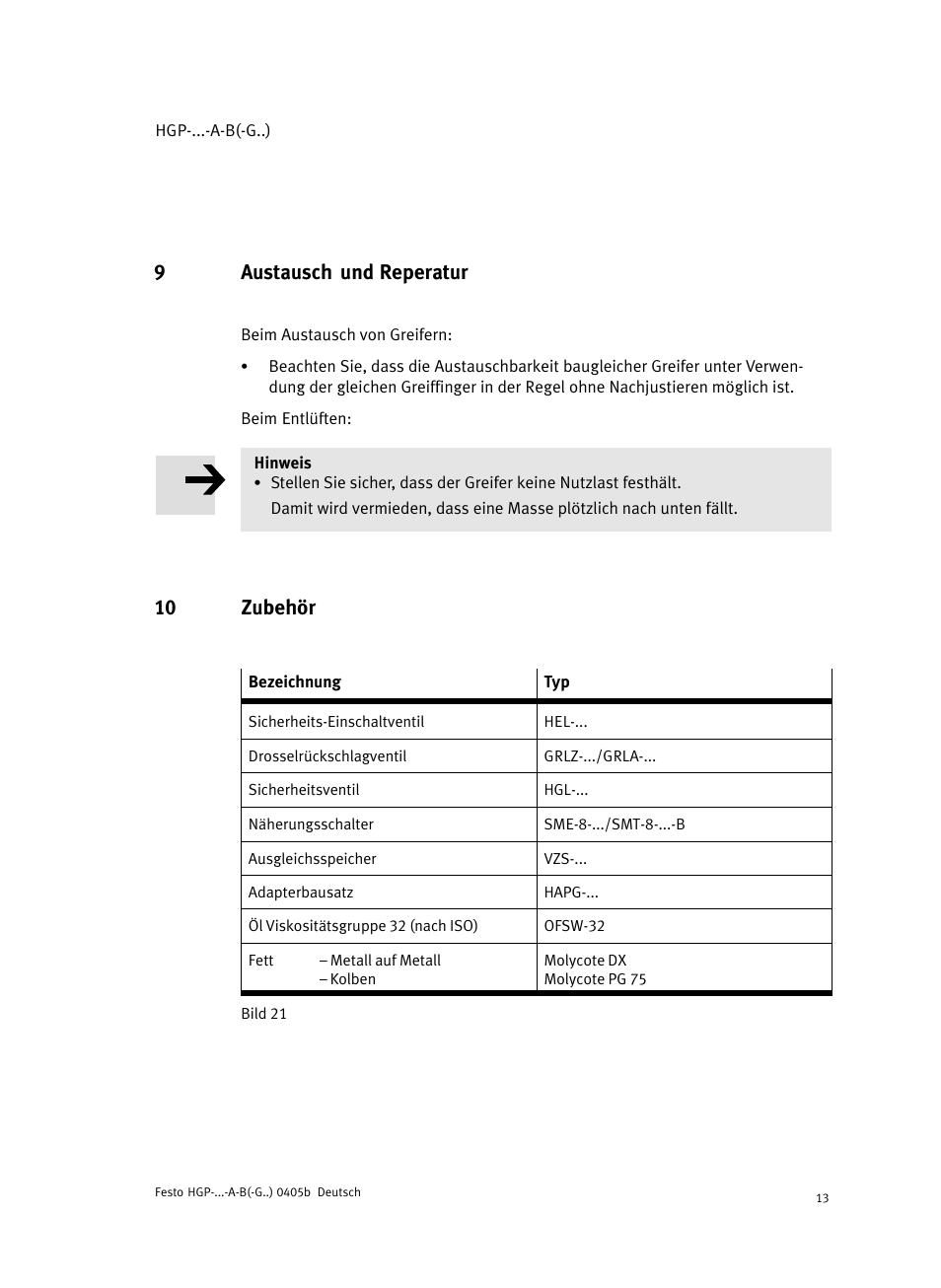 9 austausch und reperatur, 10 zubehör, 9austausch und reperatur | Festo Параллельный захват HGP User Manual | Page 13 / 88
