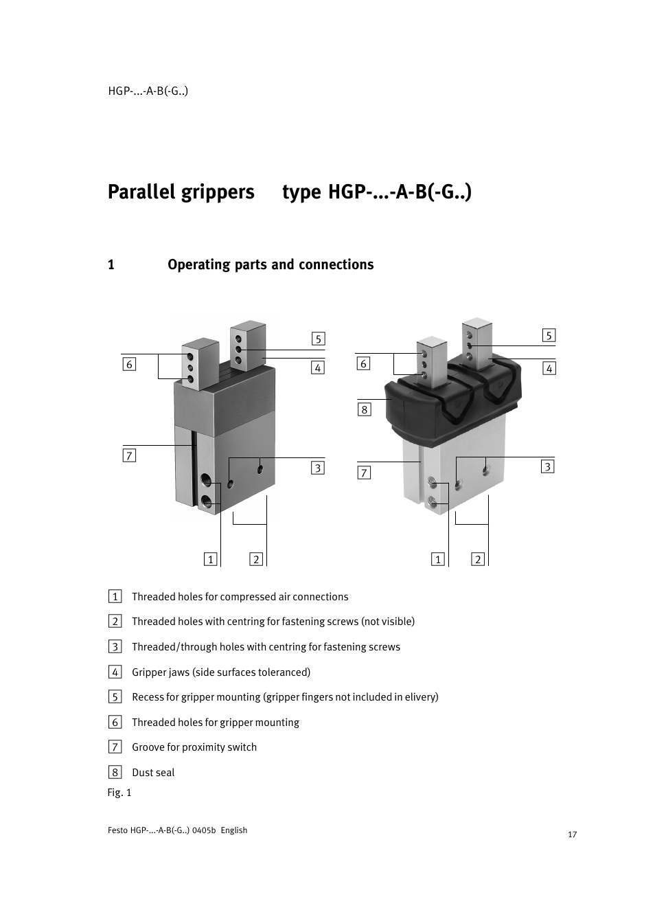 English, 1 operating parts and connections, Parallel grippers type hgp−...−a−b(−g..) english | Festo Параллельный захват HGP User Manual | Page 17 / 88