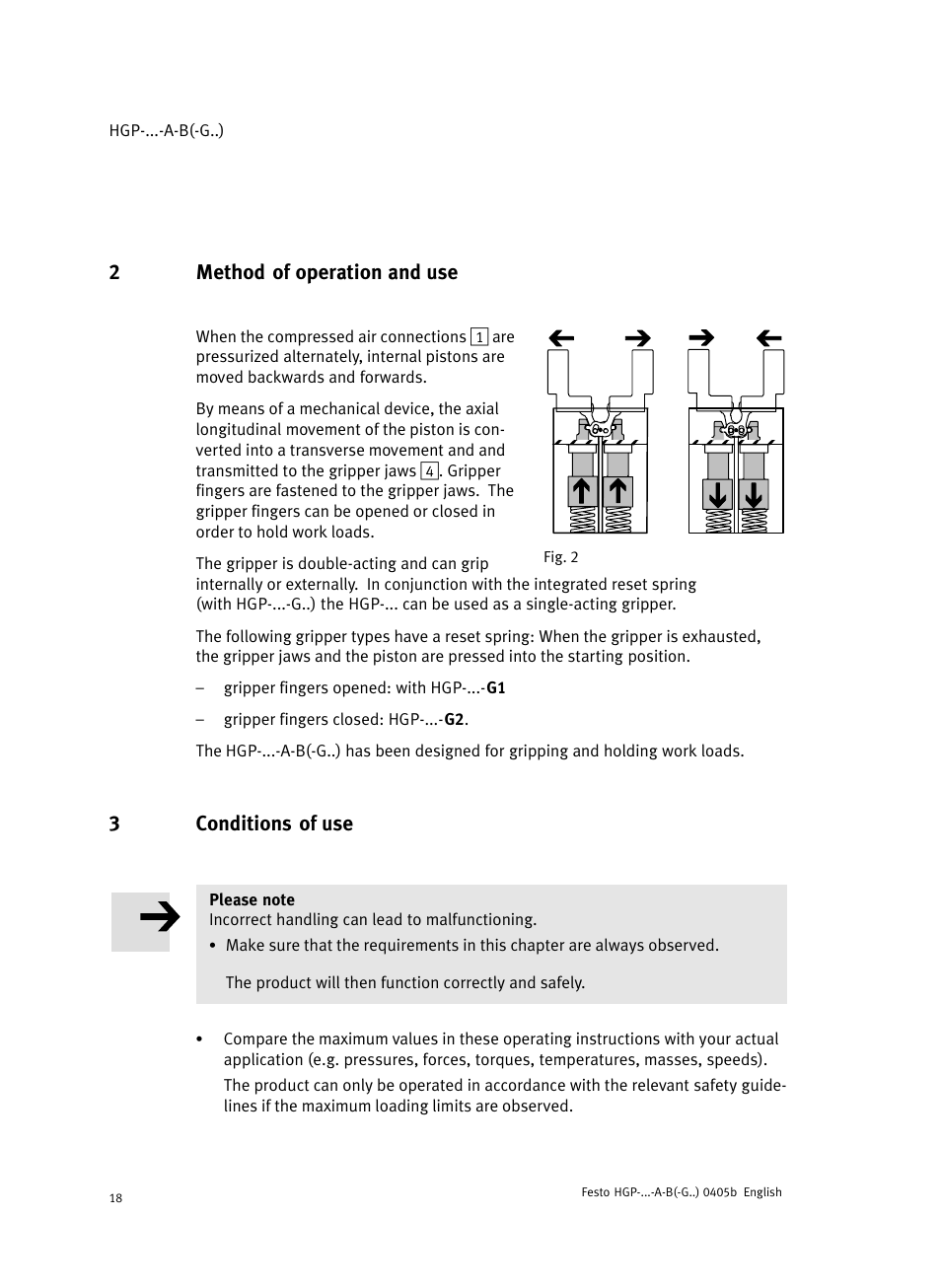 2 method of operation and use, 3 conditions of use, 2method of operation and use | 3conditions of use | Festo Параллельный захват HGP User Manual | Page 18 / 88