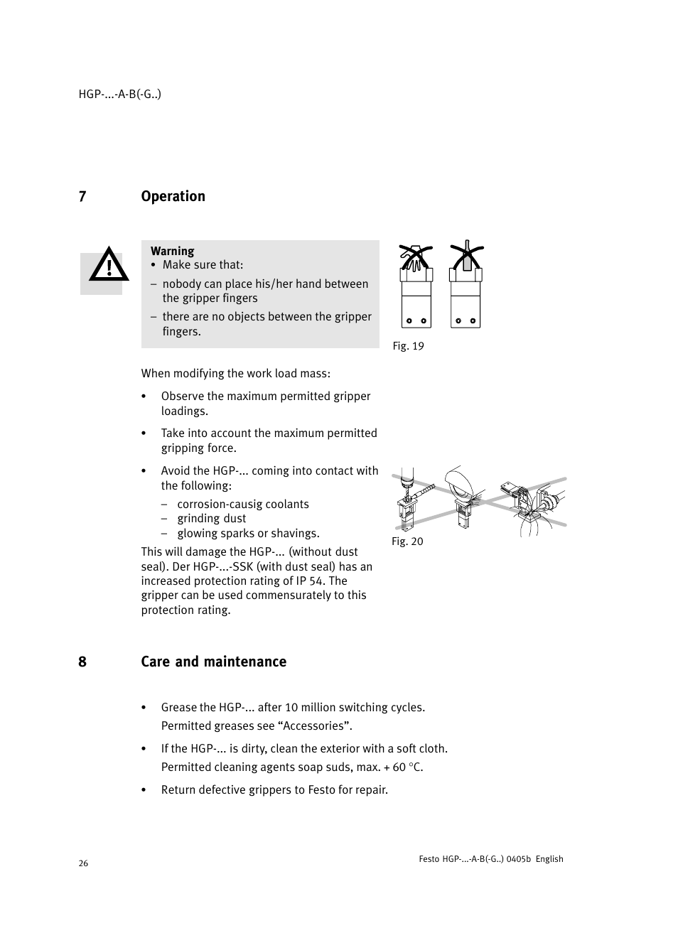 7 operation, 8 care and maintenance, 7operation | 8care and maintenance | Festo Параллельный захват HGP User Manual | Page 26 / 88