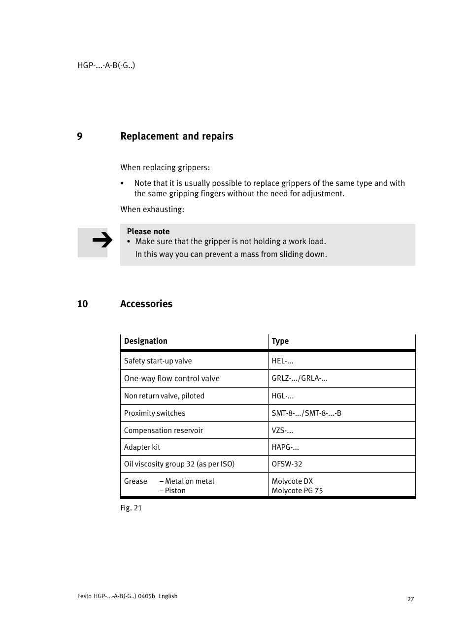 9 replacement and repairs, 10 accessories, 9replacement and repairs | Festo Параллельный захват HGP User Manual | Page 27 / 88