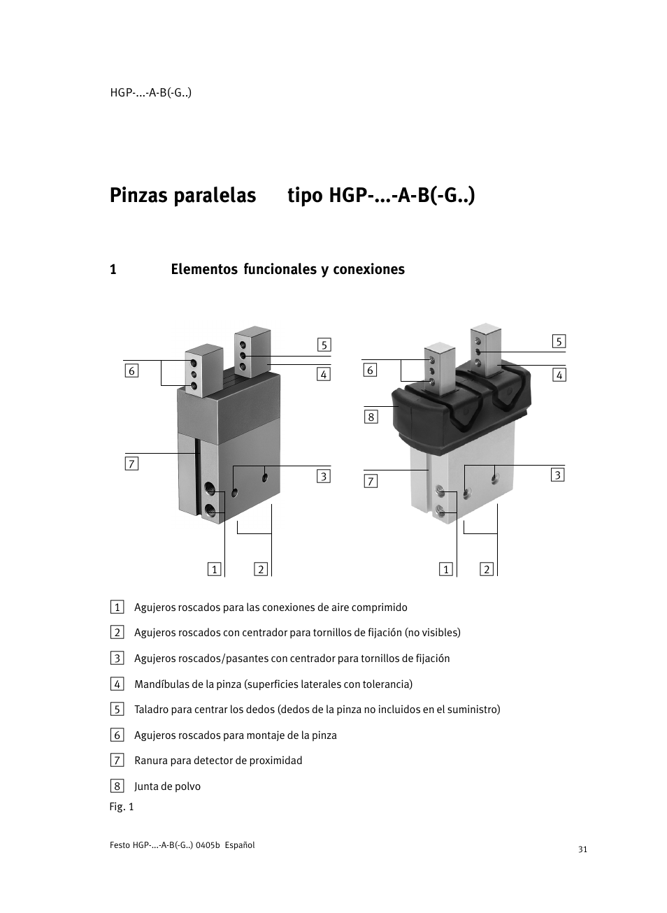 Español, 1 elementos funcionales y conexiones, Pinzas paralelas tipo hgp−...−a−b(−g..) español | Festo Параллельный захват HGP User Manual | Page 31 / 88