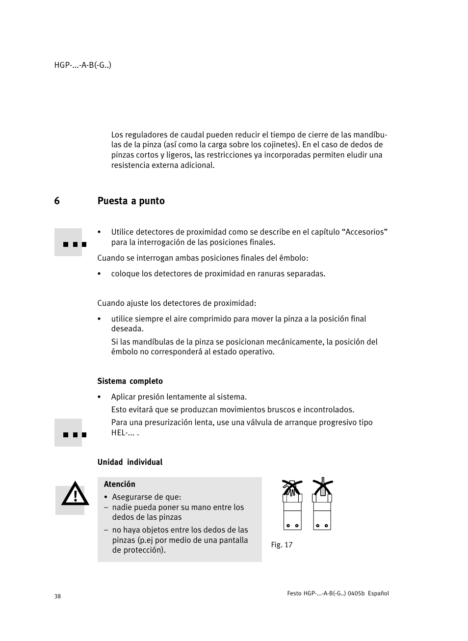 6 puesta a punto, Sistema completo, Unidad individual | 6puesta a punto | Festo Параллельный захват HGP User Manual | Page 38 / 88