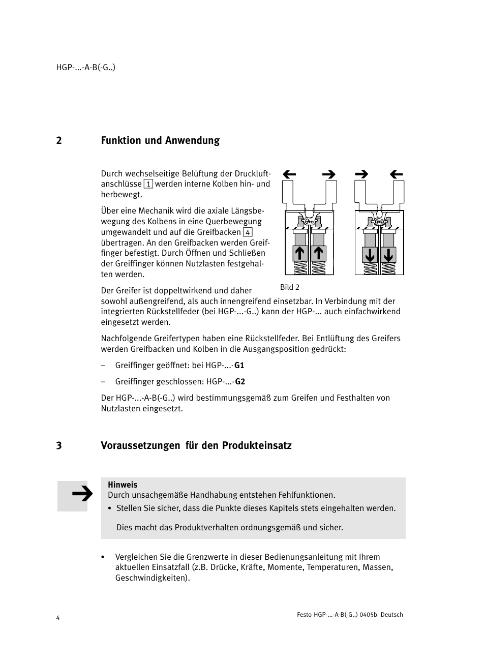 2 funktion und anwendung, 3 voraussetzungen für den produkteinsatz, 2funktion und anwendung | 3voraussetzungen für den produkteinsatz | Festo Параллельный захват HGP User Manual | Page 4 / 88