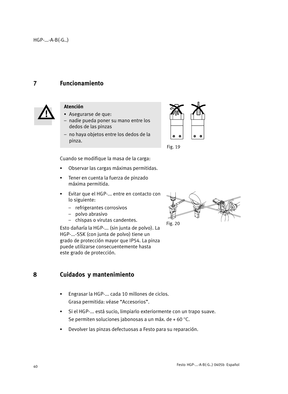 7 funcionamiento, 8 cuidados y mantenimiento, 7funcionamiento | 8cuidados y mantenimiento | Festo Параллельный захват HGP User Manual | Page 40 / 88